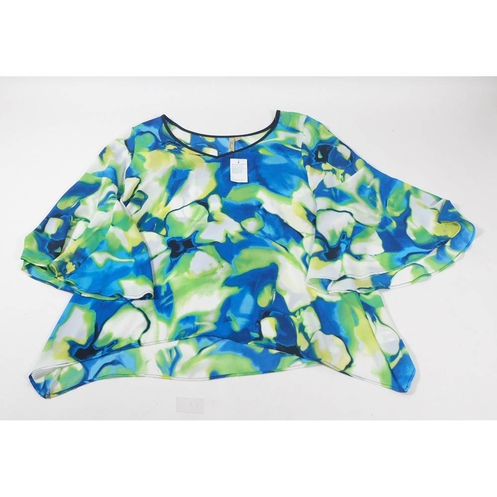 Chenault Blouse Womens‎ L Blue Floral 2176CD164IST Bell Sleeve Sharkbite Hem Top